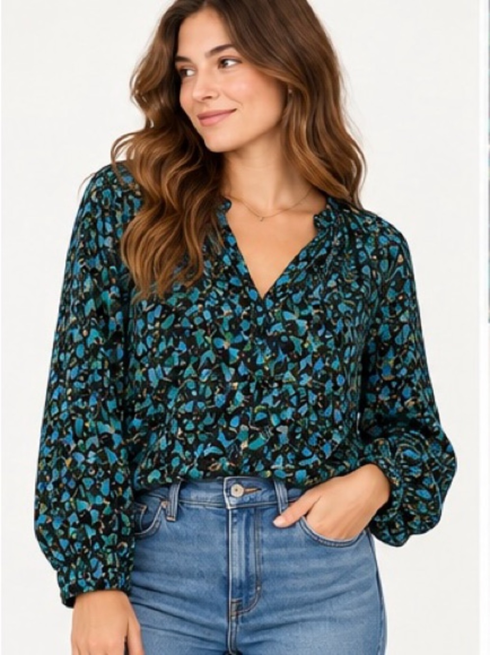 SEE U SOON Neyla Abstract Floral V-Neck Blouse Blue Green Size 2